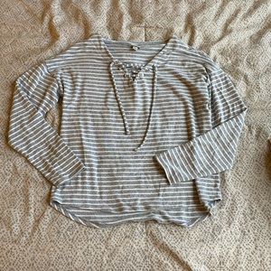 White and grey striped sweater